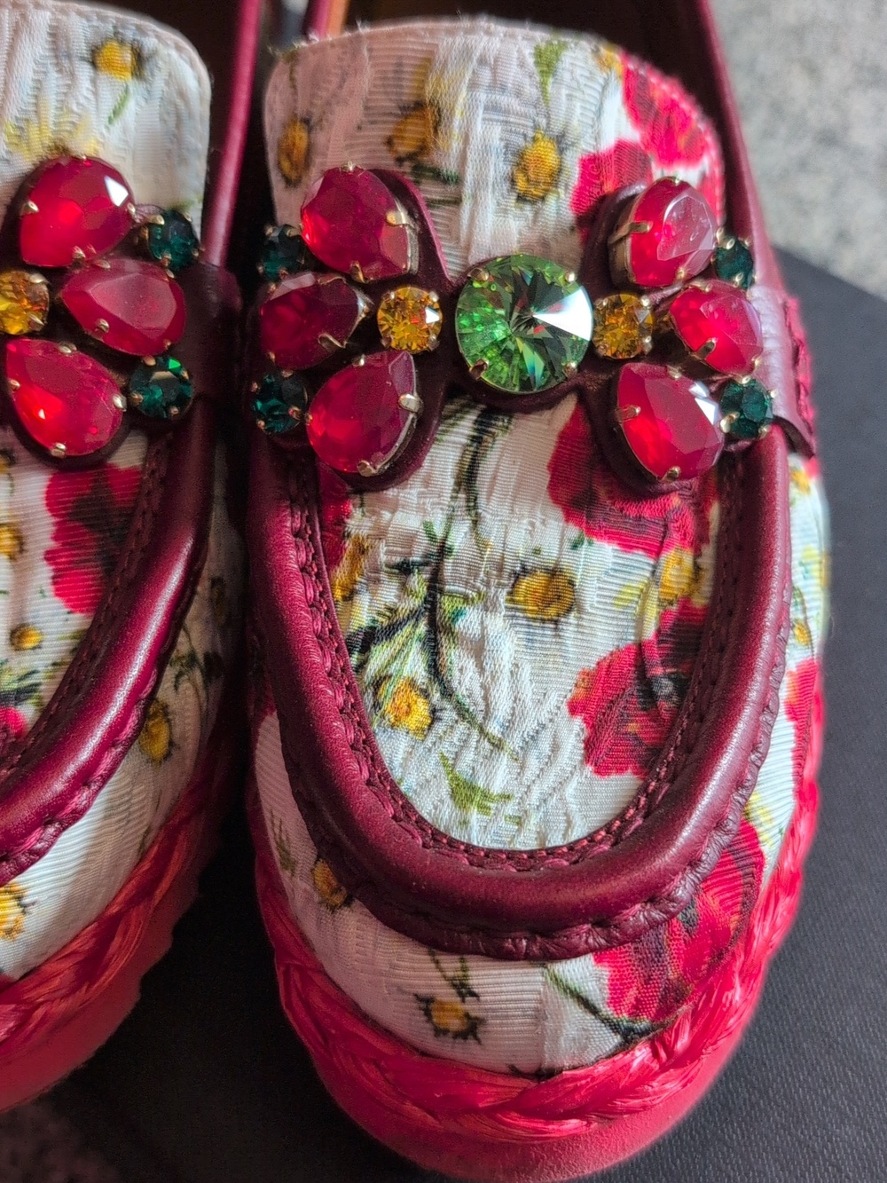 Dolce & Gabbana Floral Embellished Red Loafers